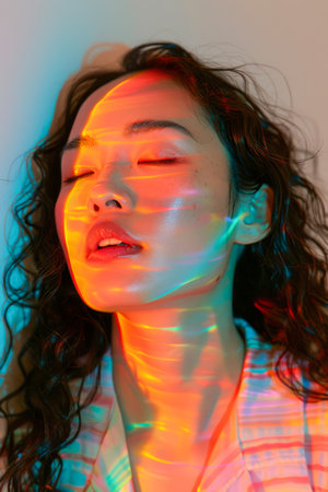 Artistic Portrait of Young Woman with Colorful Neon Light Reflections on Face and Textured Background AI Generativeの素材