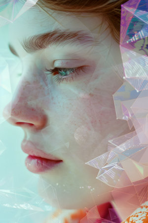Abstract Portrait of Young Woman with Crystal Geometric Shapes Overlay and Colorful Light Refractions AI Generativeの素材