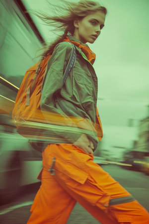 Stylish Woman in Orange Jumpsuit and Green Jacket Posing on Urban Street with Blurred Motion Background AI Generativeの素材