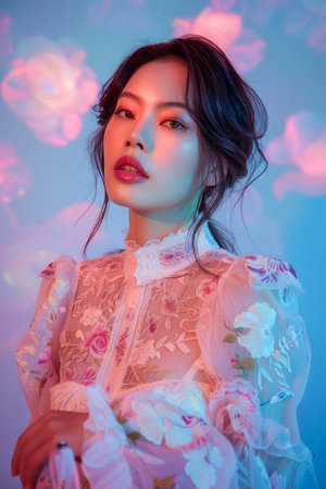 Elegant Young Asian Woman in Delicate Floral Dress with Pink and Blue Neon Lighting AI Generativeの素材