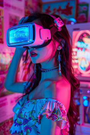 Young Woman Experiencing Virtual Reality in Neon Arcade Room, Futuristic Entertainment Concept AI Generativeの素材