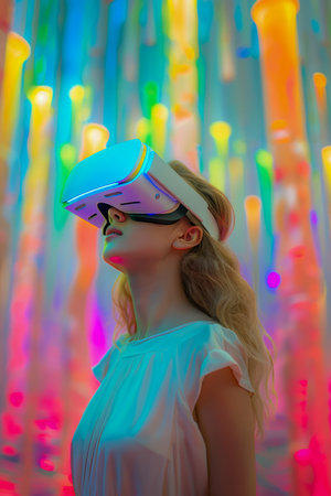 Young Woman Experiencing Virtual Reality in a Colorful Neon Lights Environment AI Generativeの素材