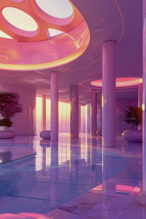 Modern Futuristic Interior Design with Neon Lighting and Reflective Flooring AI Generativeの素材