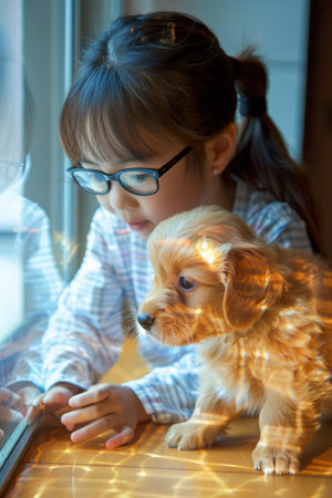 Young Girl in Glasses Reading Digital Tablet Beside Adorable Puppy by Cozy Window Light at Home AI Generativeの素材