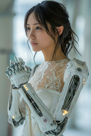 Young Woman with Futuristic Robotic Arm Standing Thoughtfully in Modern Environment AI Generativeの素材