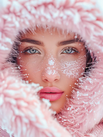 Close Up of a Stunning Young Woman&#39;s Face with Snowflakes, Blue Eyes, and Pink Hood AI Generativeの素材