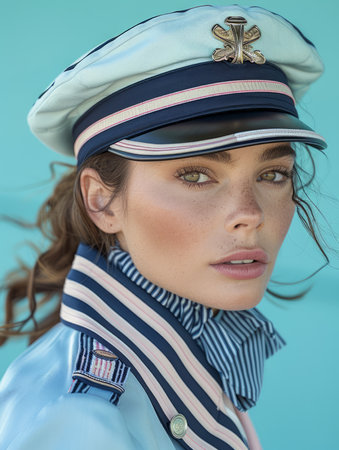 Fashionable Young Woman in Nautical Outfit and Captain's Hat Posing with Intense Gaze on Turquoise Background AI Generativeの素材