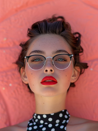 Portrait of Stylish Young Woman with Red Lipstick and Trendy Glasses Lying on Pink Background AI Generativeの素材
