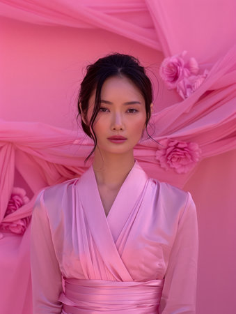 Elegant Asian Woman in Traditional Pink Dress with Floral Background Posing for Fashion Photography AI Generativeの素材