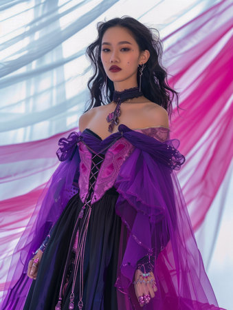 Elegant Woman in Stylish Purple Gown Posing with Dramatic Lighting and Sheer Fabric Background AI Generativeの素材