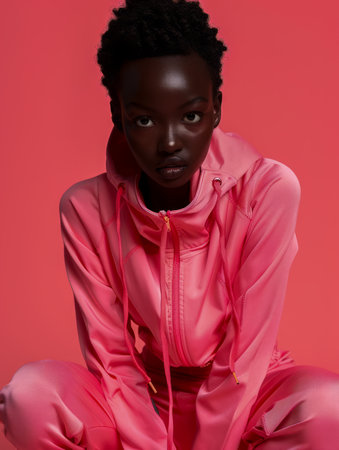 Fashionable Young African Woman with Stylish Hairdo Posing in Pink Sportswear on Solid Background AI Generativeの素材