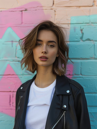 Portrait of a Young Woman in Stylish Leather Jacket Posing Against Colorful Graffiti Wall Background AI Generativeの素材