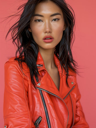 Stylish Asian Woman in Vibrant Orange Leather Jacket with Glossy Black Hair Against Pink Background AI Generativeの素材