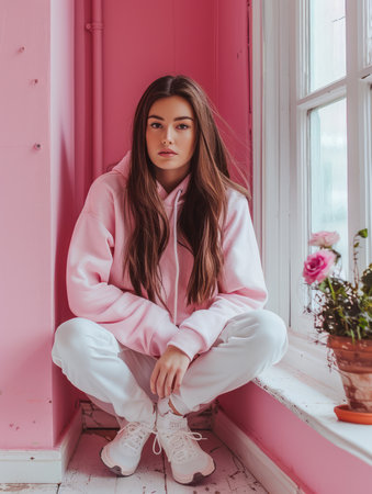 Young Woman in Casual Pink Hoodie Posing by Window in Pastel Room, Trendy Fashion Portrait AI Generativeの素材
