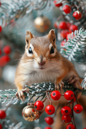 Adorable Chipmunk Perched on Festive Fir Branch with Red Berries and Gold Ornaments, Symbolizing Holiday Cheer and Wild Animal Curiosity in Winter Season AI Generativeの素材