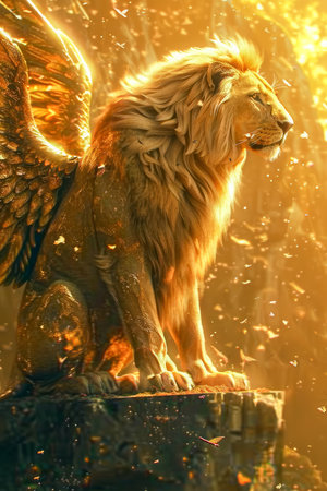 Majestic Golden Winged Lion in Glittering Fantasy Landscape Perched on Stone Pedestal Surrounded by Magical Sparks AI Generativeの素材