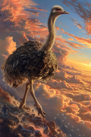 Majestic Ostrich Standing on Cliff at Sunset with Dramatic Sky and Flock of Birds in Background Wildlife Scenery AI Generativeの素材