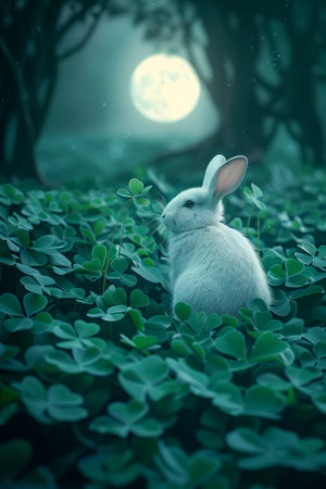 Enchanting White Rabbit in a Mystical Forest Under Moonlight Magical Wildlife Scene with Moon AI Generativeの素材