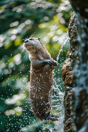 Playful Otter Enjoying a Refreshing Splash by a Small Waterfall in Lush Green Nature Environment AI Generativeの素材