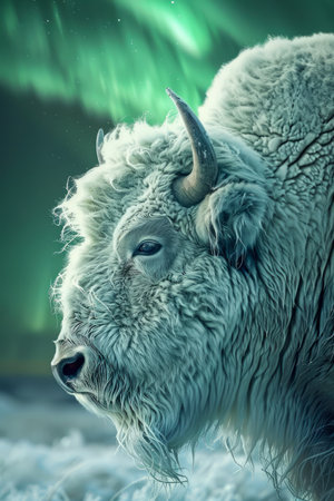 Majestic White Bison in Snowy Landscape under Northern Lights AI Generativeの素材