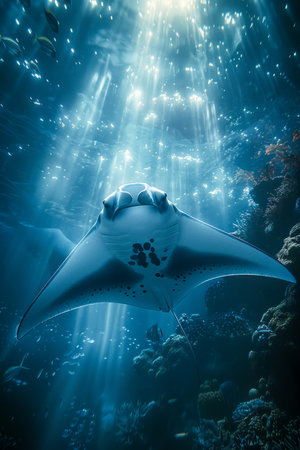 Majestic Manta Ray Gliding through Sunlit Waters Above Coral Reefs in a Serene Underwater Scene AI Generativeの素材