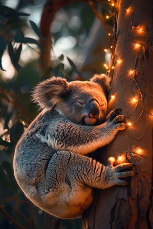 Sleepy Koala Embraced by Twinkling Fairy Lights on Eucalyptus Tree in Serene Nature Setting AI Generativeの素材