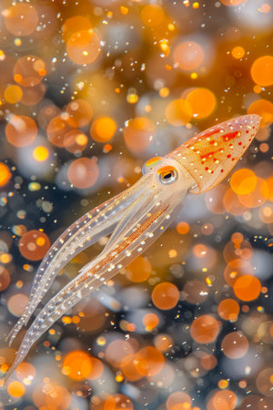 Majestic Squid Gliding through Sparkling Waters with Radiant Bokeh Lights in the Ocean Depths AI Generativeの素材