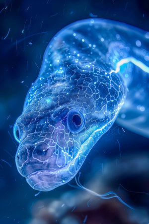 Surreal Digital Artwork of Glowing Bioluminescent Snake Underwater with Ethereal Light Effects AI Generativeの素材