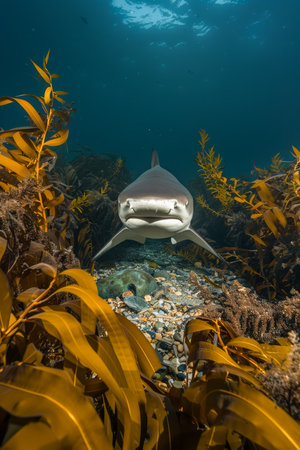 Majestic Shark Swimming Through Sunlit Kelp Forest in Pristine Ocean Waters AI Generativeの素材