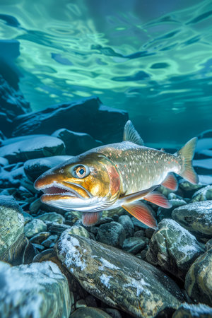 Underwater Close Up of a Colorful Brook Trout Swimming in a Clear Freshwater Stream Amongst Pebbles AI Generativeの素材