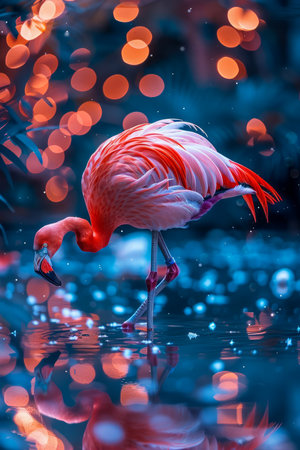 Elegant Flamingo Preening Feathers by Twilight Waters Majestic Wildlife Scene With Vivid Blue and Red Tones AI Generativeの素材