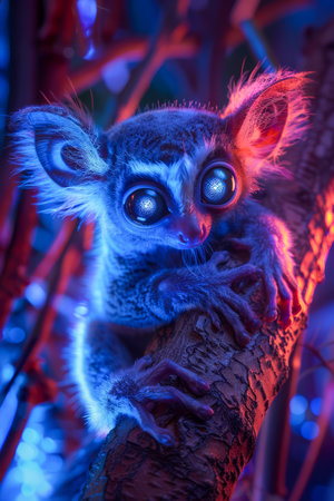 Enchanting Nocturnal Bush Baby with Large Eyes in Neon Light AI Generativeの素材