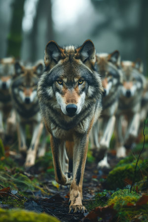 Majestic Alpha Wolf Leading a Pack in Misty Forest, Wildlife Predator Dominance, Animal Hierarchy Concept AI Generativeの素材