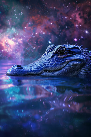 Majestic Alligator Lurking in Water with Ethereal Starry Night Backdrop, Vivid Nature Photography AI Generativeの素材