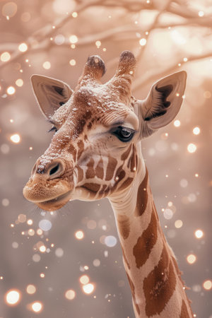 Majestic Giraffe Portrait with Snowflakes and Twinkling Lights, Serene Wildlife Scene AI Generativeの素材