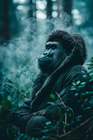 Majestic Gorilla Contemplating in Misty Forest, Wildlife Scene with Blue and Green Tones, Animal Portrait in Natural Habitat AI Generativeの素材