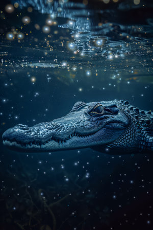 Majestic Alligator Submerged in Water Under Starry Night Sky, Wild Reptile in Natural Habitat AI Generativeの素材