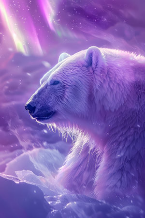 Majestic Polar Bear in a Fantasy Northern Lights Landscape Illustration AI Generativeの素材