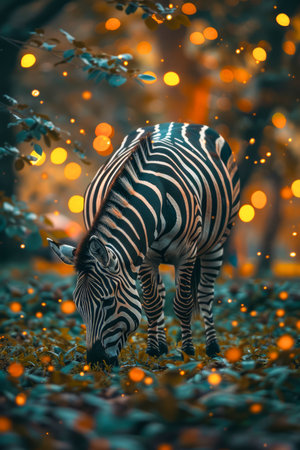 Majestic Zebra Grazing in Twilight with Glowing Lights, Stripe Patterns in Enchanting Forest Ambience AI Generativeの素材
