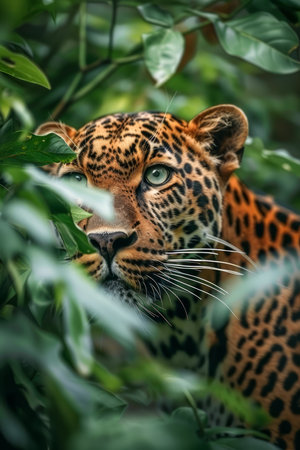Majestic Jaguar Peering Through Dense Jungle Foliage Capturing the Essence of Wild Beauty and Grace AI Generativeの素材