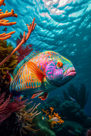 Vibrant Parrotfish Swimming Near Coral Reef in Tropical Ocean Waters with Sunlight Filtering Through AI Generativeの素材