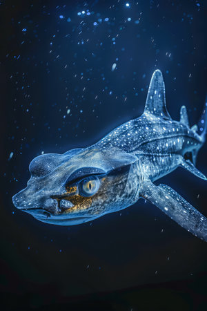 Majestic Glowing Blue Hammerhead Shark Swimming Underwater with Sparkling Particles AI Generativeの素材