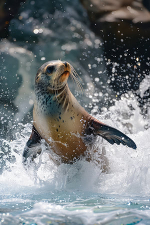 Majestic Sea Lion Emerging from Water with Splashes in Natural Habitat Wildlife Photography AI Generativeの素材