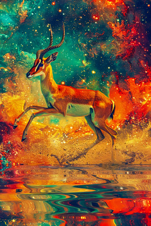 Colorful Abstract Art of Impala Reflecting in Water Amidst Vibrant Cosmic Backdrop AI Generativeの素材
