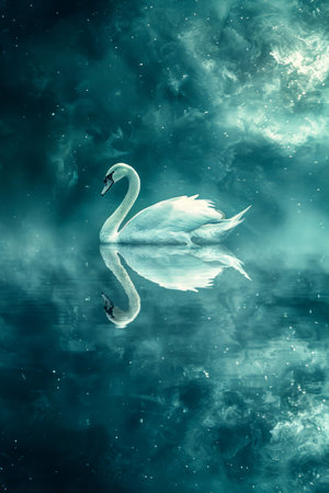Majestic White Swan Gliding Serenely on a Tranquil Mythical Lake Under a Starry Cosmic Sky AI Generativeの素材