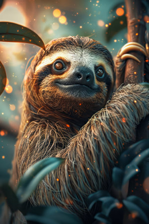 Enchanting Close up of a Smiling Sloth Clinging to a Tree in a Magical Forest with Sparkling Lights Background AI Generativeの素材