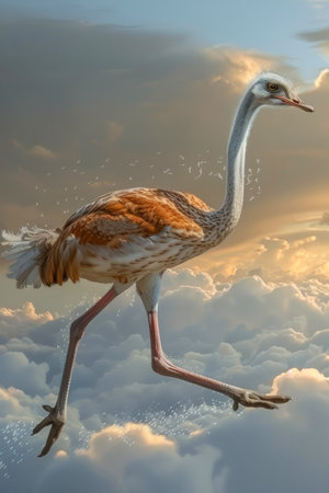 Majestic Fantasy Ostrich Striding Gracefully Among Fluffy Clouds in Dreamy Sky Digital Artwork for Surreal Imagery AI Generativeの素材