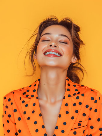 Radiant Young Woman Smiling in Orange Polka Dot Outfit on Vibrant Yellow Background, Cheerful Fashion Portrait AI Generativeの素材