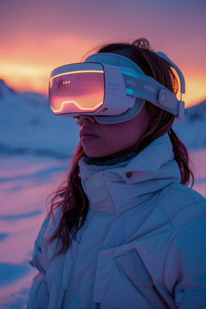 Futuristic Woman in VR Headset Against Twilight Sky, Virtual Reality Technology in Winter Setting, Modern Entertainment AI Generativeの素材