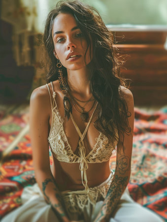 Serene Bohemian Woman Sitting in Sunlit Vintage Room with Colorful Textiles and Lacey Attire AI Generativeの素材